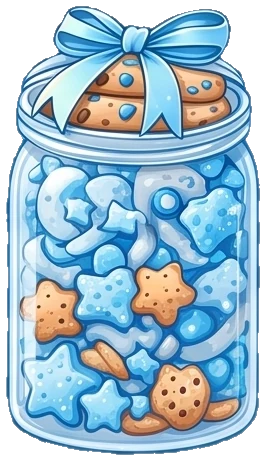 A glass cookie jar tied with a blue bow