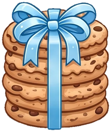 A ribbon-tied stack of chocolate chip cookies